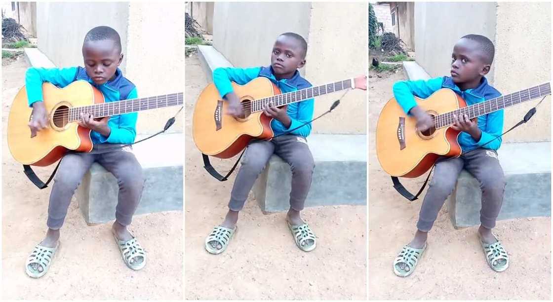 Photos of a boy playing on the guitar. Photos of a boy playing on the guitar.