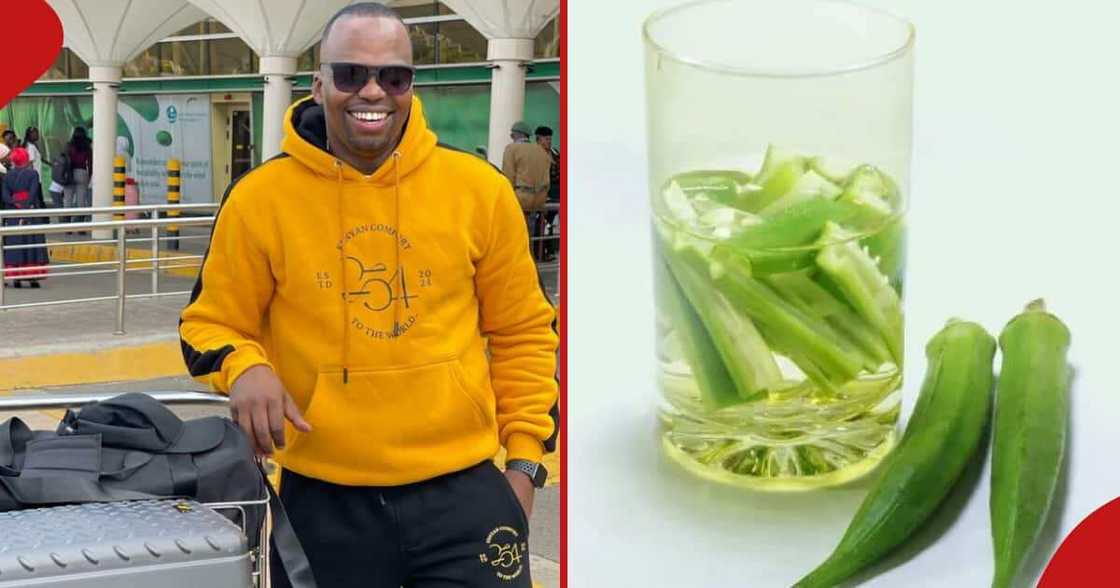 MC Jessy photographed while travelling to Australia (left). Photo of a glass of okra water (right) MC Jessy photographed while travelling to Australia (left). Photo of a glass of okra water (right)