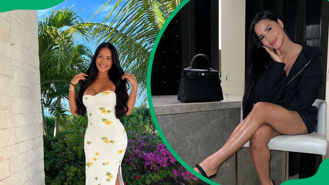 Katya Elise Henry in a strapless floral dress and an all-black outfit