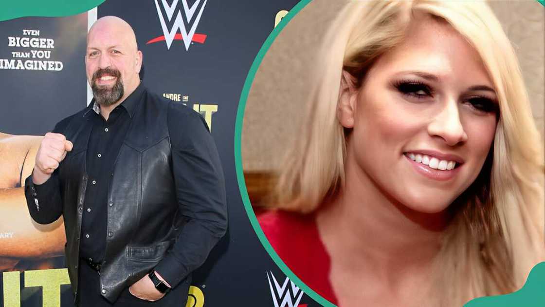 Professional wrestler, Big Show in Hollywood, California (L). Melissa Ann Piavis in a red blouse (R).