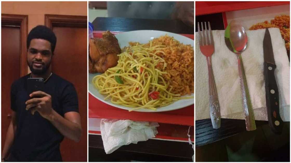 The man said the waitress was angry when he asked for cutlery.
Photo source: Twitter/@ClintJeezz The man said the waitress was angry when he asked for cutlery.
Photo source: Twitter/@ClintJeezz