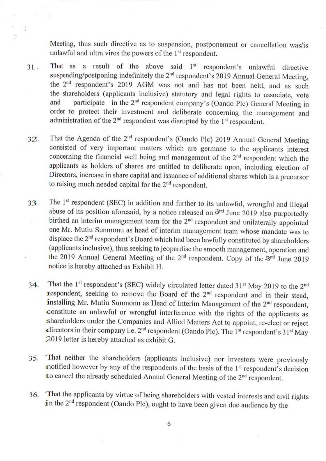 Oando shareholders have taken SEC to court to challenge penalties against Oando in May 31st letter