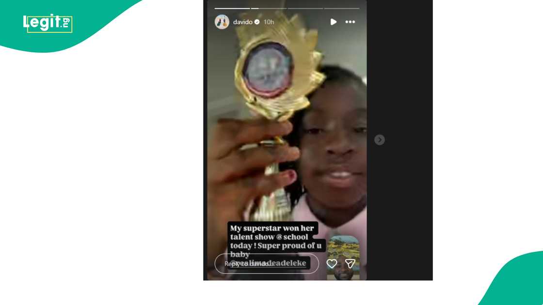 Davido celebrates daughter's win at school talent show.