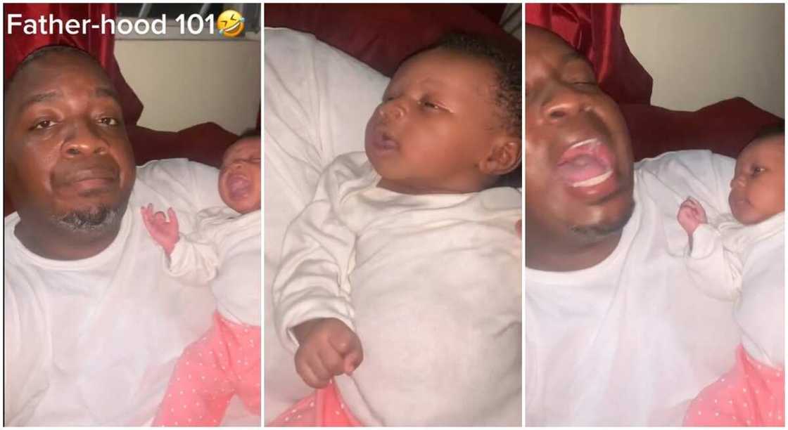 Photos of the moment a skilful dad joined his baby to cry out loud. Photos of the moment a skilful dad joined his baby to cry out loud.