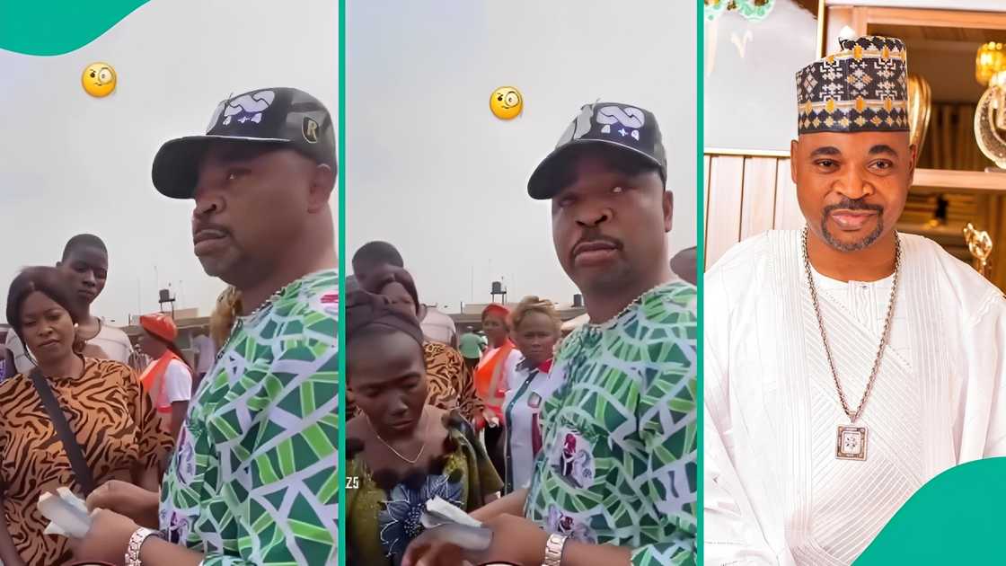 MC Oluomo spotted handing cash to people at an outdoor rally.