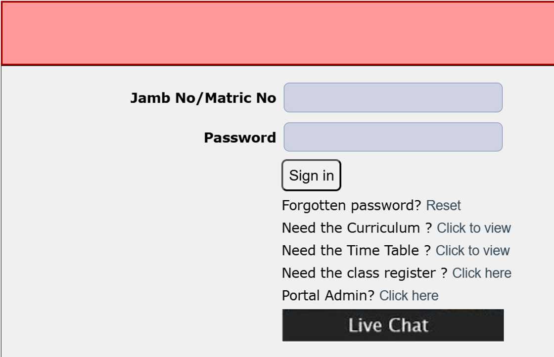Redeemer's University student portal page.