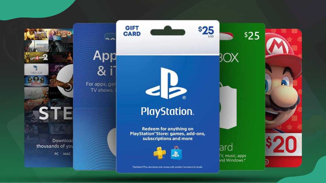 Numerous gift cards on a green background Numerous gift cards on a green background