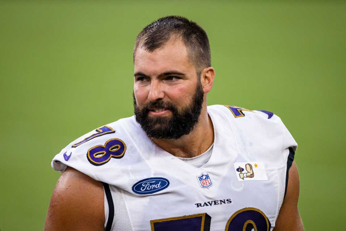 Alejandro Villanueva looks on during training camp at M&T Bank Stadium