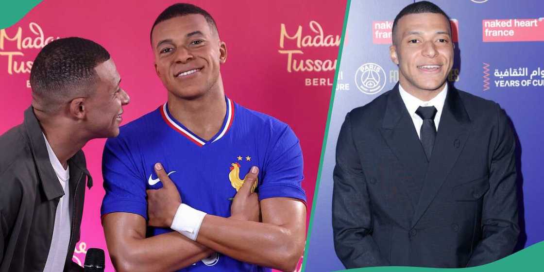 Kylian Mbappe reacts on seeing an artwork that looks like him