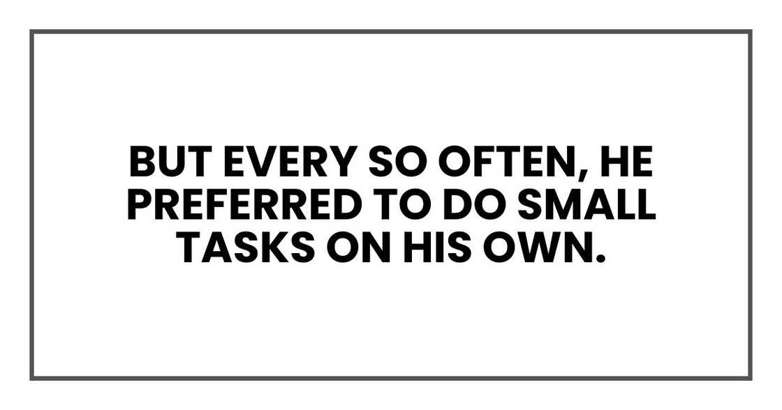 But every so often, he preferred to do small tasks on his own. But every so often, he preferred to do small tasks on his own.