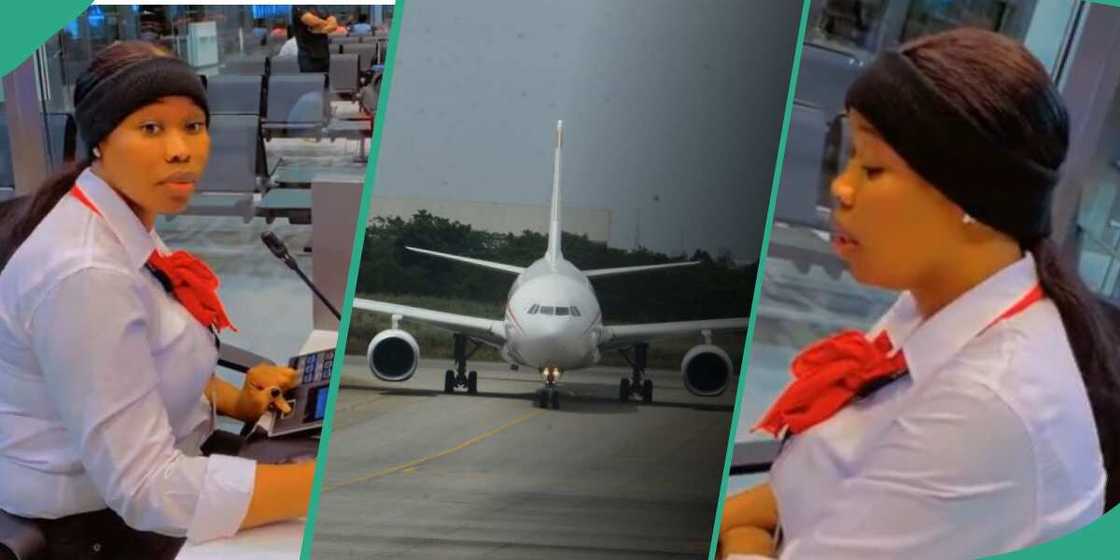 The flight announcer showed herself at work The flight announcer showed herself at work