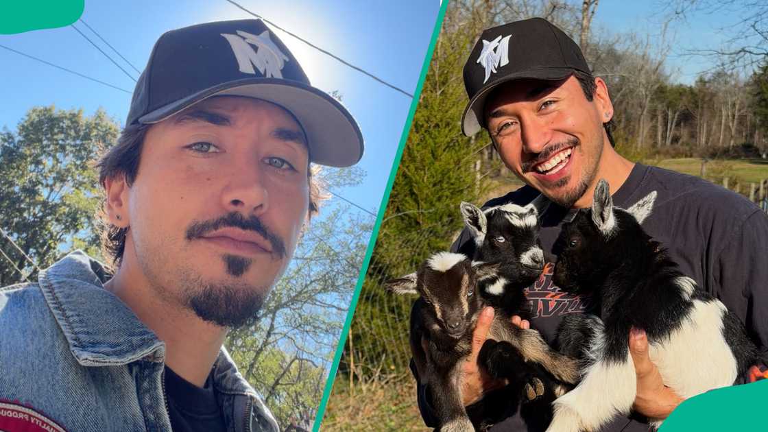 Brennen Taylor is seen in a denim jacket and black cap, and he pets kids in his ranch