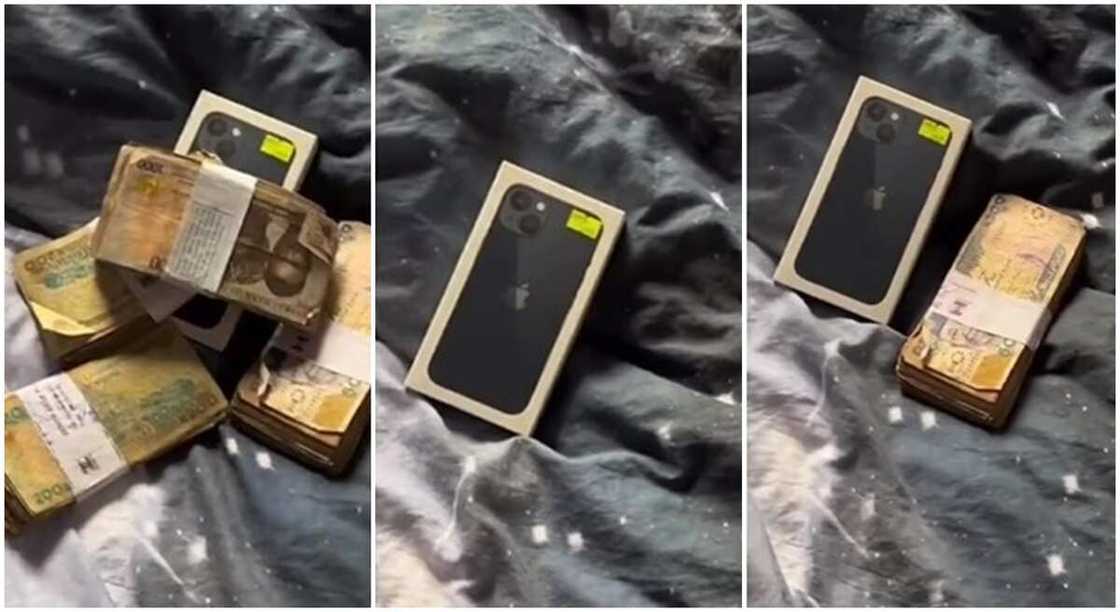 Photos of iPhone 13 and bundles of cash Nigerian lady gifted her younger sister. Photos of iPhone 13 and bundles of cash Nigerian lady gifted her younger sister.