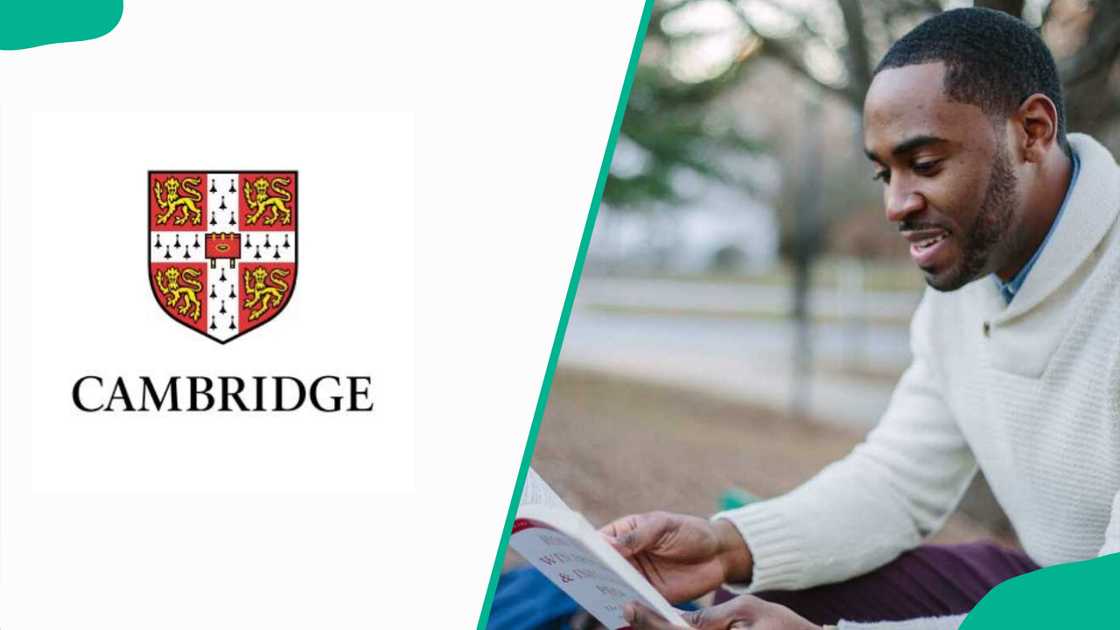 Cambridge's logo and a man reading a book Cambridge's logo and a man reading a book