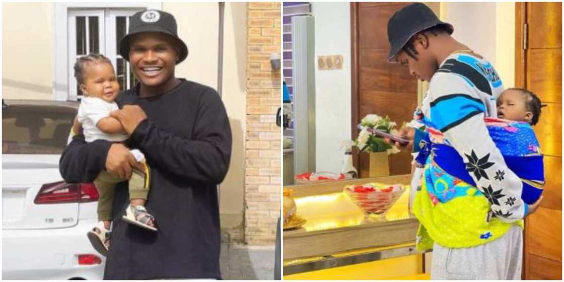Daddy Duties: Comedian Oluwadolarz Seen Backing His Baby in Adorable Photo Daddy Duties: Comedian Oluwadolarz Seen Backing His Baby in Adorable Photo