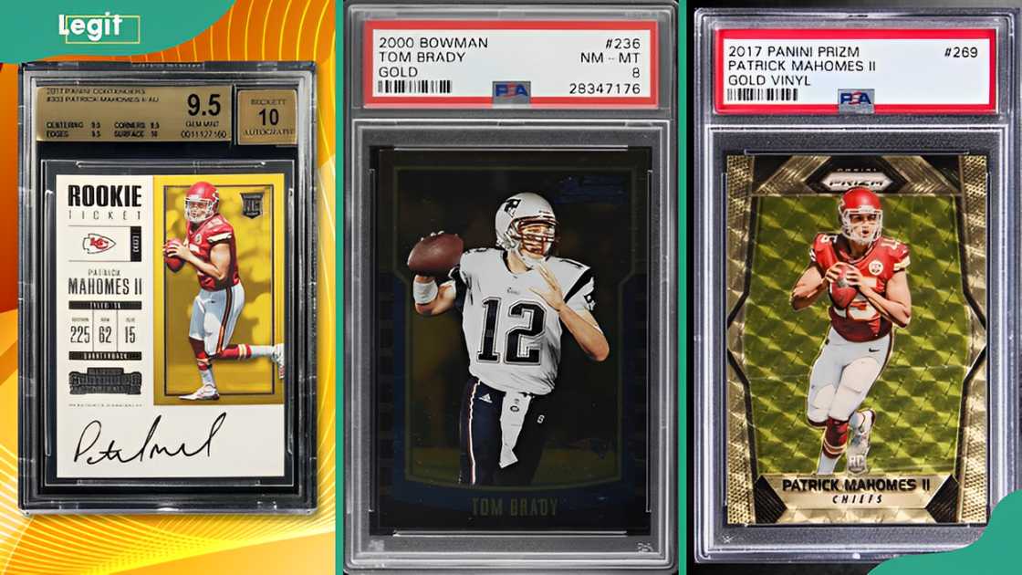 Patrick Mahomes II Autograph #303 (L), The 2000 Bowman Gold Tom Brady #236 (C), The 2017 Panini Prizm Gold Vinyl Patrick Mahomes II #269 (R)