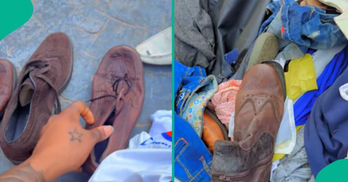 Man displays the bags and shoes that he received from his abroad-based brother.