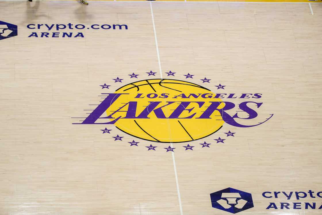 Los Angeles Lakers logo on a court