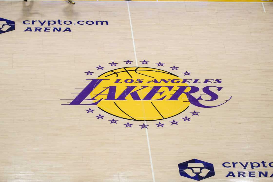 Los Angeles Lakers logo on a court Los Angeles Lakers logo on a court