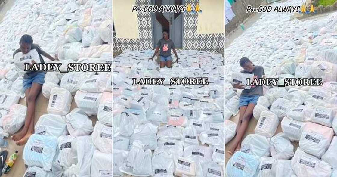 Businesswoman shows off customers' orders Businesswoman shows off customers' orders