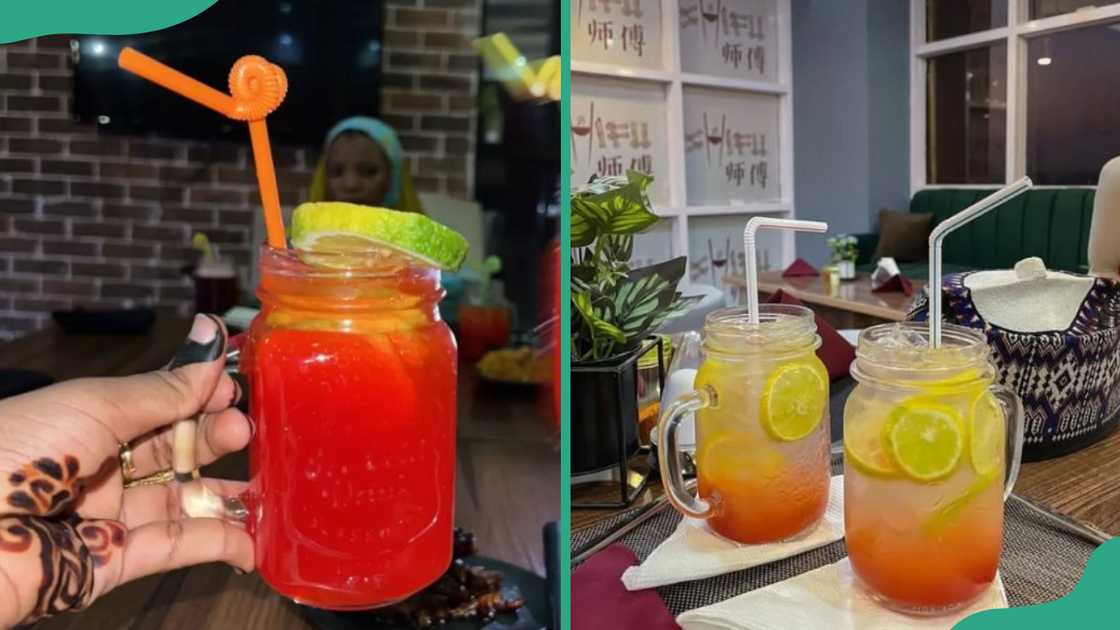 A hand holding a mocktail, and two glasses of mocktails on a table (R) A hand holding a mocktail, and two glasses of mocktails on a table (R)