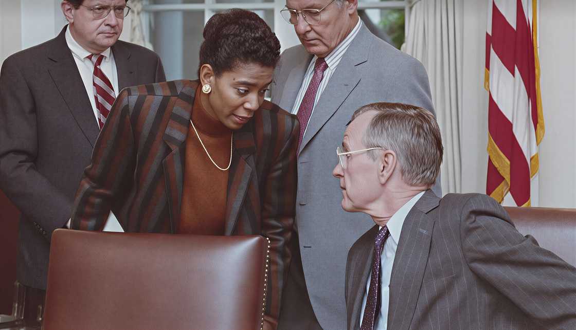 Judy Smith bends to speak with former U.S. President George H.W. Bush