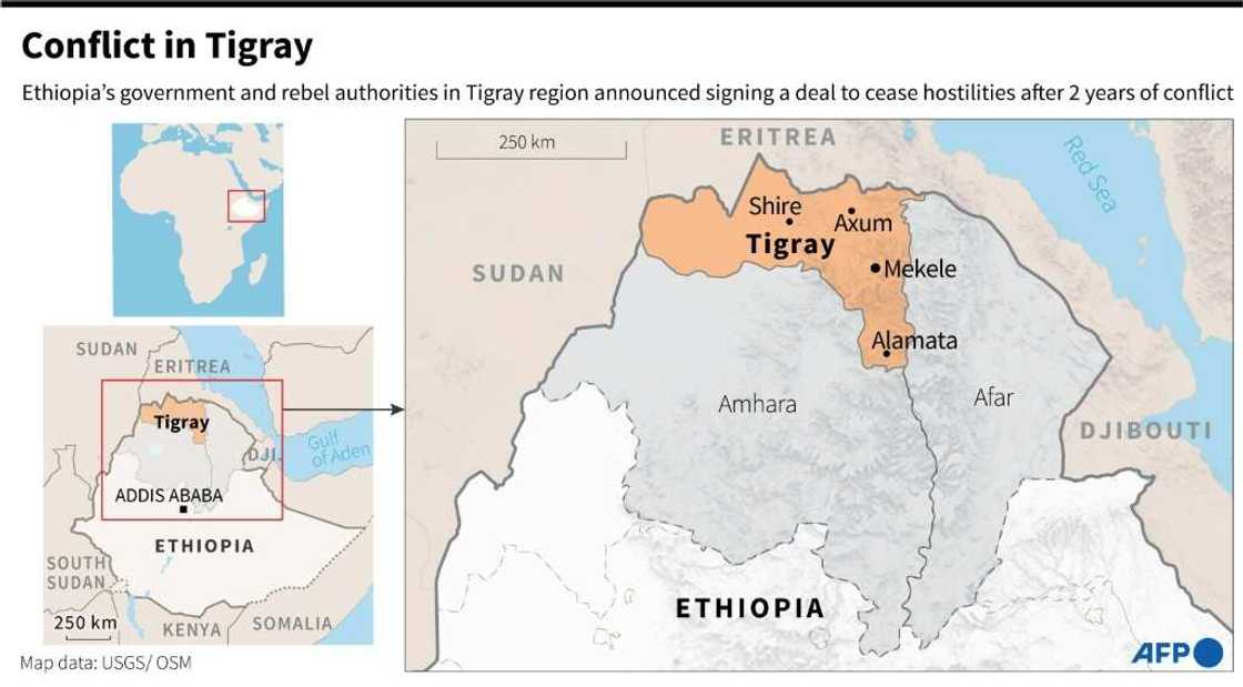 Map locating Ethiopia's Tigray region and neighbouring Afar and Amhara