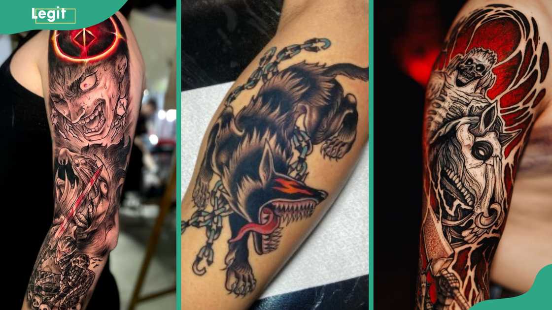 Guts (L), Beast of Darkness (C), and Knight Skull (R) tattoos are among the gorgeous Berserk tattoo ideas