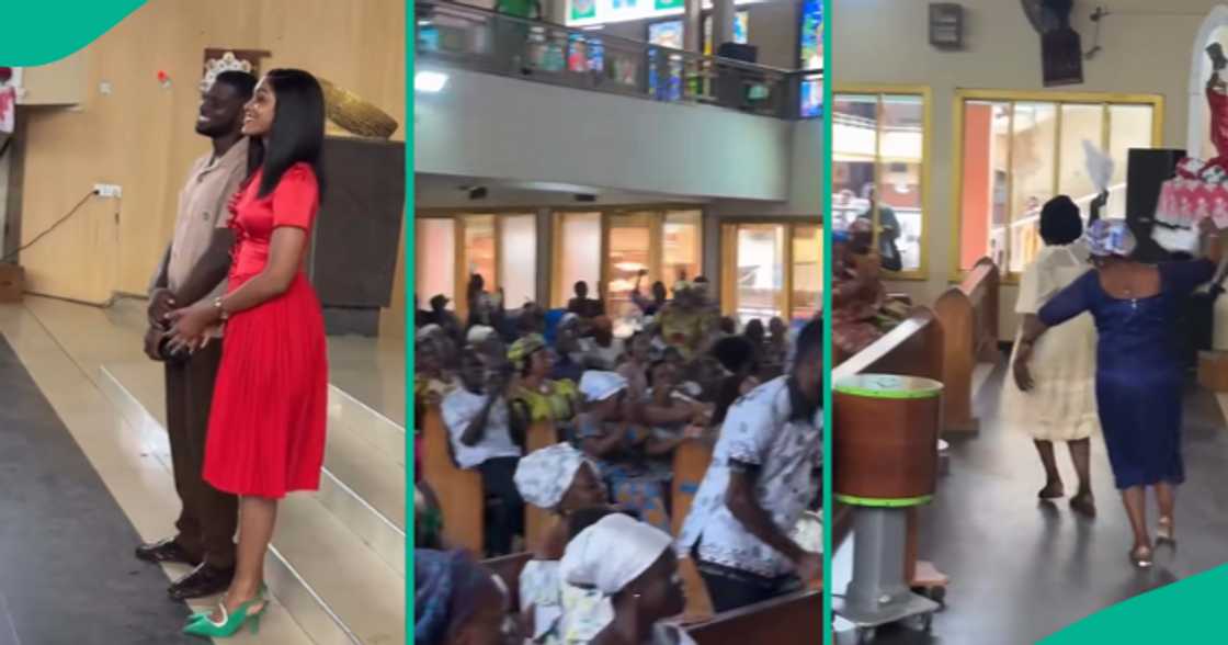 Nigerian man shows off his bride-to-be in the church. Nigerian man shows off his bride-to-be in the church.