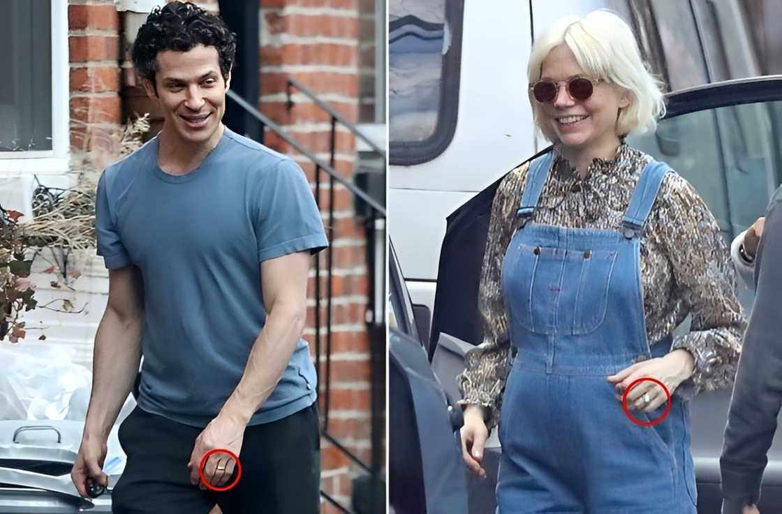 Michelle Williams and Thomas Kail in conversation while walking