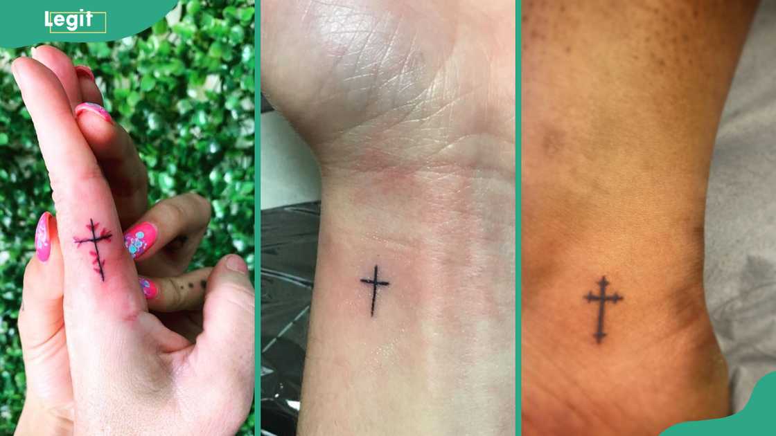 Tiny cross on finger (L), Small cross on the wrist (C) Tiny cross on the ankle (R) Tiny cross on finger (L), Small cross on the wrist (C) Tiny cross on the ankle (R)