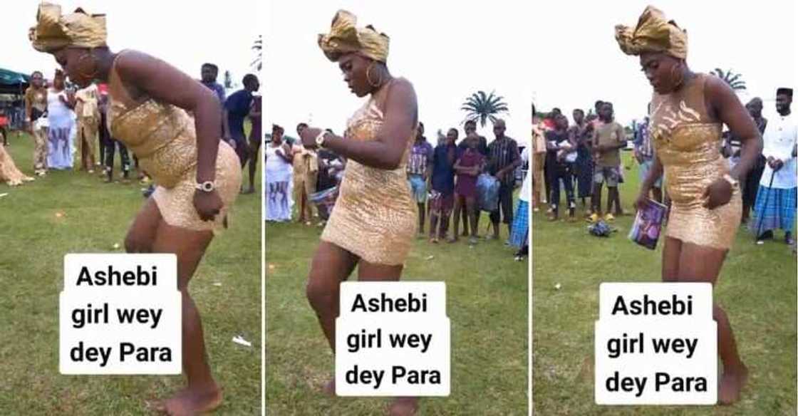 Photos of aso-ebi lady dancing at a wedding.