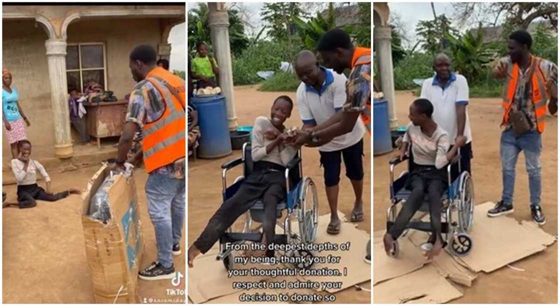 Photos of a disabled girl receiving the gift of a wheelchair from a good samaritan.