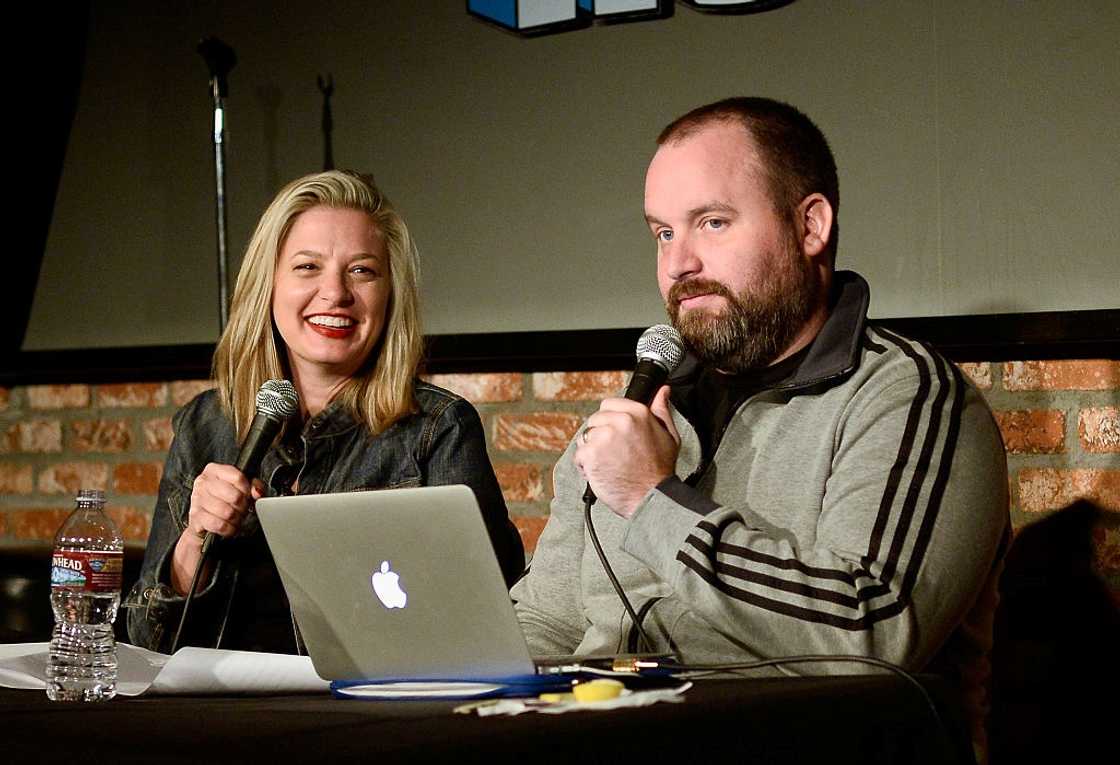 Tom Segura and Christina Pazsitzky recording an episode of their Your Mom's House podcast