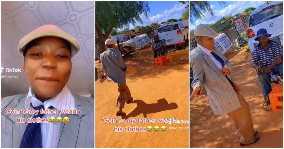 Lady wears dad's clothes, clothes and cap, lady dances for her dad Lady wears dad's clothes, clothes and cap, lady dances for her dad