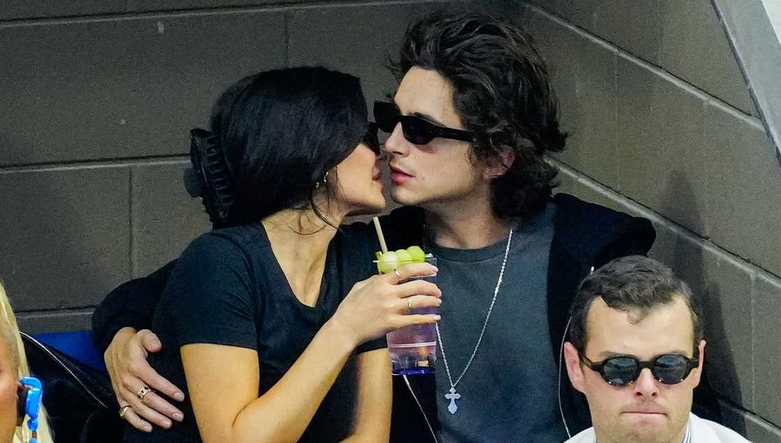 Kylie Jenner and Timothée Chalamet move in for a kiss at the 2023 US Open Tennis Championships