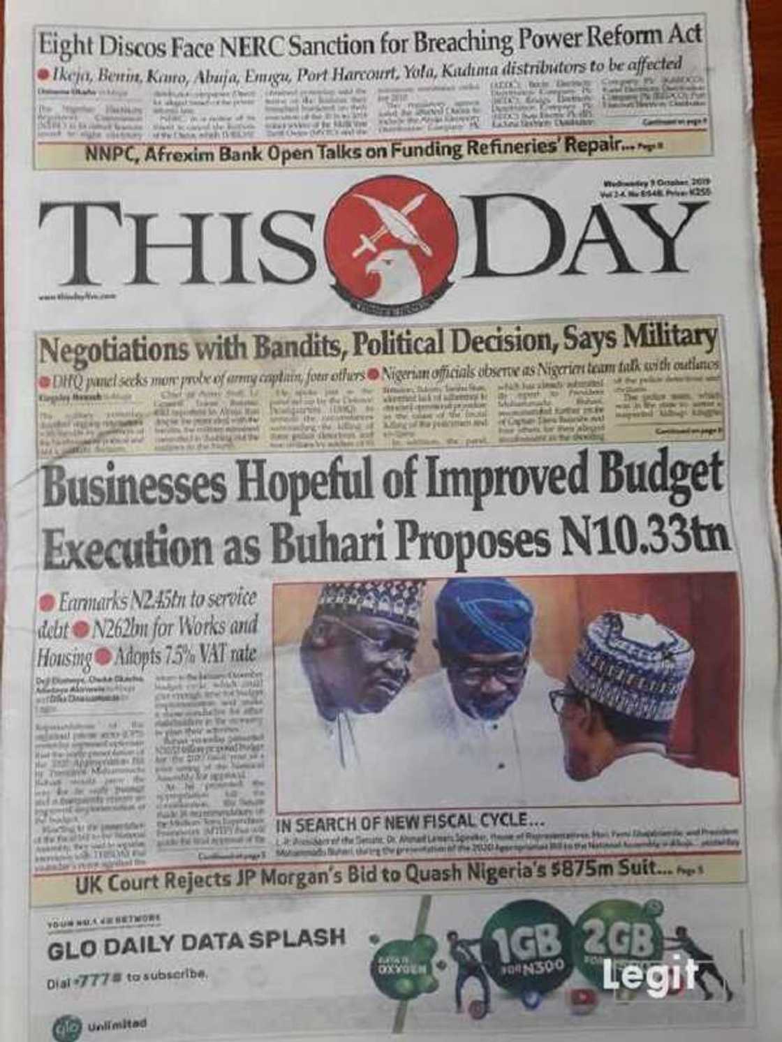 Nigerian newspaper This Day for Wednesday, October 9 Nigerian newspaper This Day for Wednesday, October 9