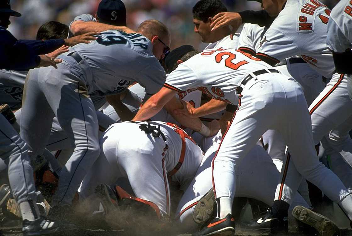 Baltimore Orioles during pileup fight vs Seattle Mariners, Brawl, Baltimore. Baltimore Orioles during pileup fight vs Seattle Mariners, Brawl, Baltimore.
