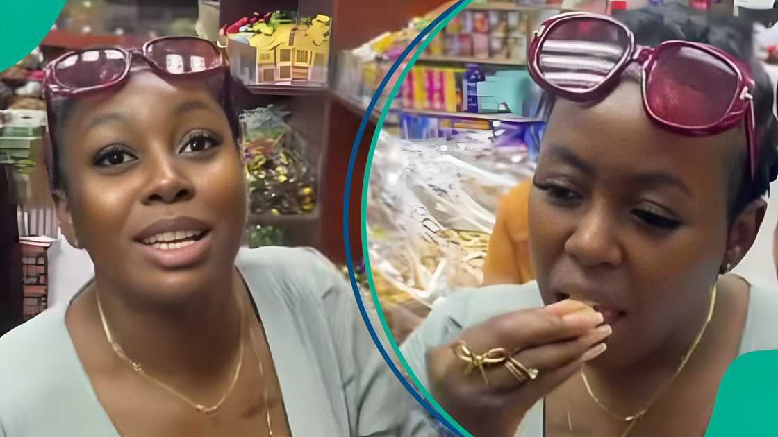 Nigerian woman in Qatar tries dozens of sweets for free. Nigerian woman in Qatar tries dozens of sweets for free.