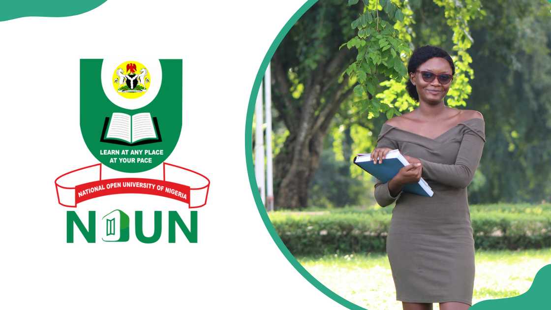 The NOUN logo (L), and a young woman in a grey dress is holding books outdoors (R) The NOUN logo (L), and a young woman in a grey dress is holding books outdoors (R)