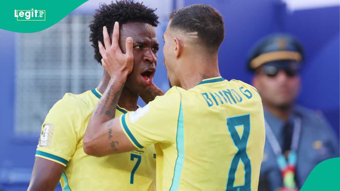 Vinicius celebrates with Guimaraes after scoring against Morocco. Photo by Catherine Ivill Vinicius celebrates with Guimaraes after scoring against Morocco. Photo by Catherine Ivill