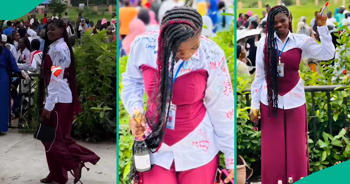 Lady rocks sign-out shirt in unique way as she graduates from university