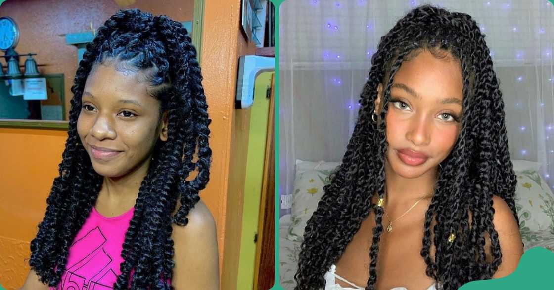 Two women display their half-up-half-down passion twist styles. Two women display their half-up-half-down passion twist styles.