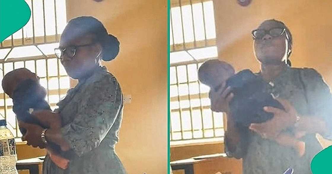 A caring female lecturer carries a student's baby while teaching in a class in a trending TikTok video. A caring female lecturer carries a student's baby while teaching in a class in a trending TikTok video.