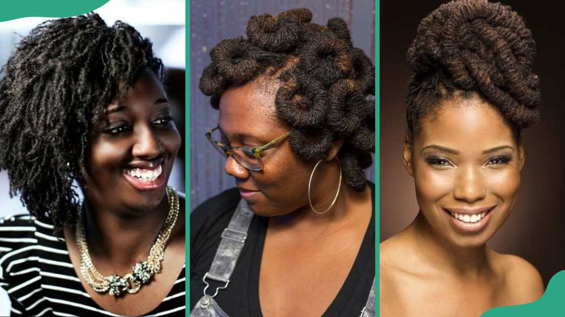 Side swept (L), donut (C), and spiral (R) sisterlocks Side swept (L), donut (C), and spiral (R) sisterlocks
