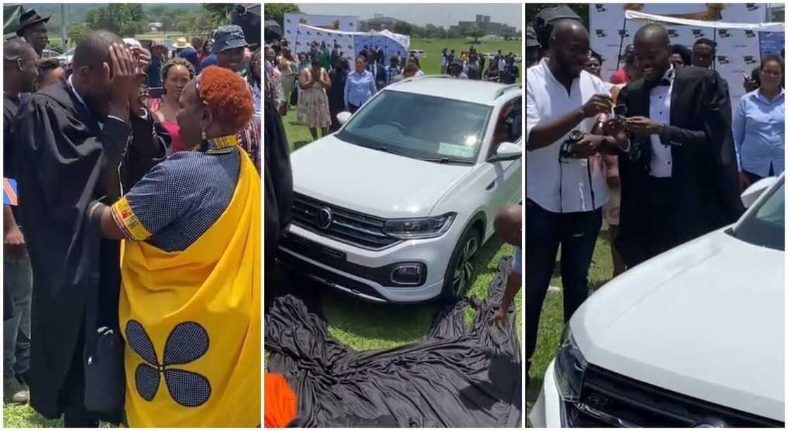Photos of a student gifted a brand new jeep by his father. Photos of a student gifted a brand new jeep by his father.