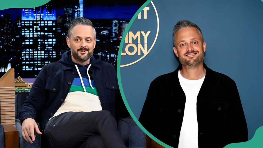 Comedian Nate Bargatze at The Tonight Show (L) Comedian Nate Bargatze poses backstage (R)