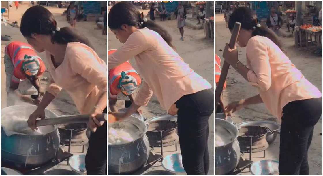 Photos of a lady turning fufu in a large pot. Photos of a lady turning fufu in a large pot.