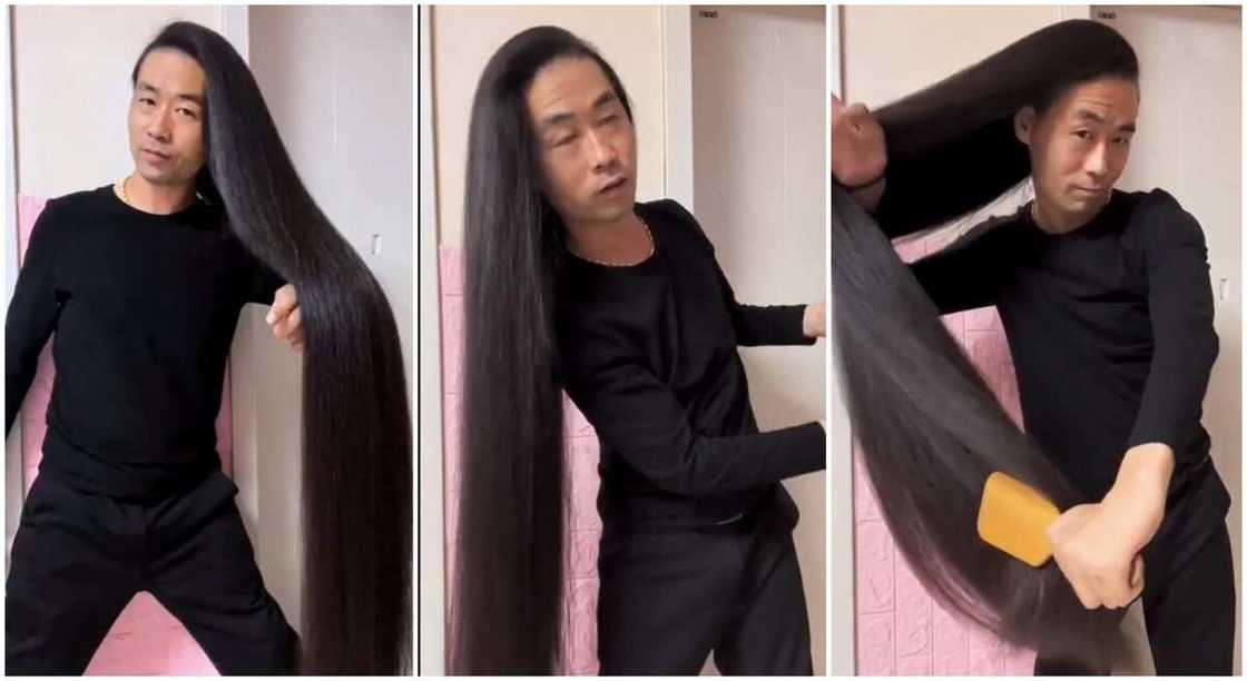 Photos shows a man combing his long dark hair. Photos shows a man combing his long dark hair.