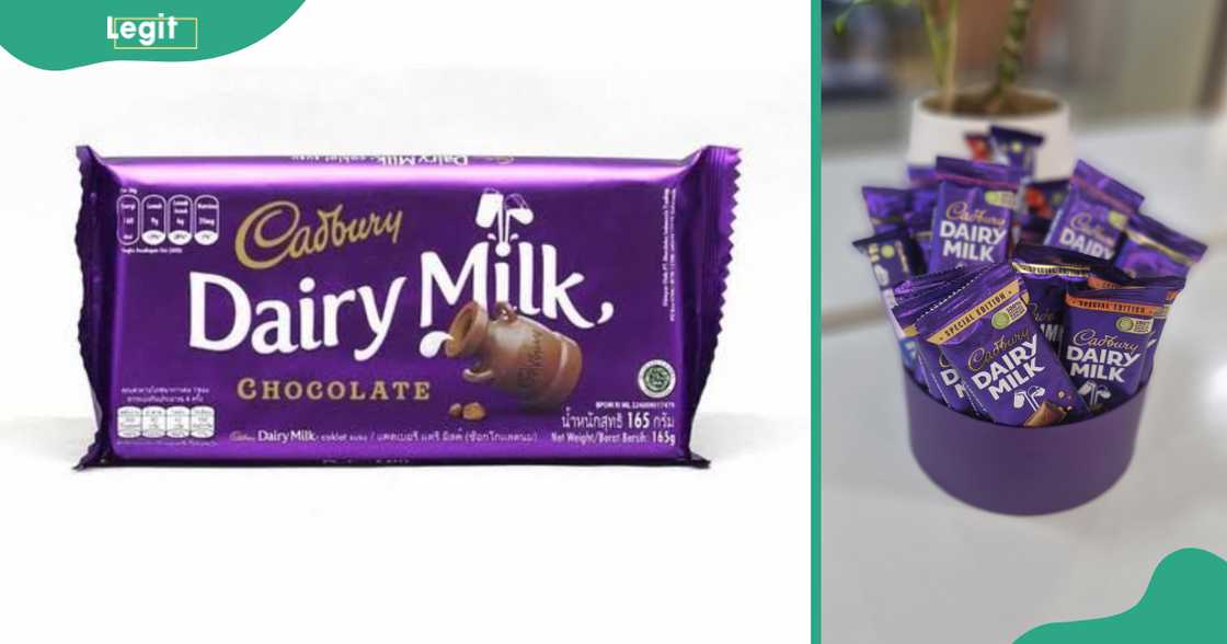 A bar of Cadbury Chocolate (L) and a box of the chocolate bars (R).